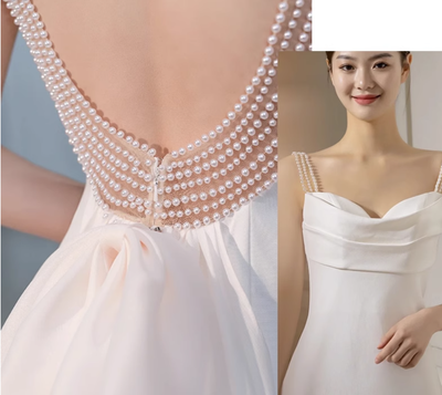 White Mermaid Straps Backless Pearls Wedding Dress