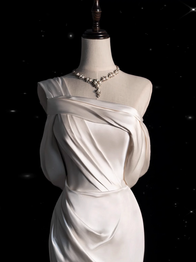 White Mermaid Satin One Shoulder Pleats Wedding Dress
