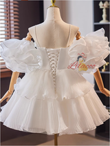 White Tulle Pleats Puff Sleeve Short Wedding Dress