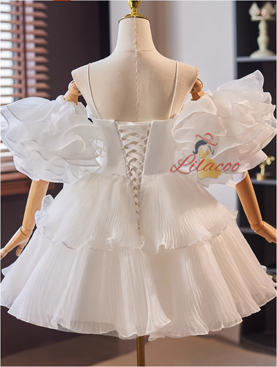 White Tulle Pleats Puff Sleeve Short Wedding Dress