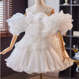 White Tulle Pleats Puff Sleeve Short Wedding Dress