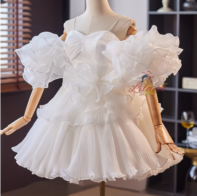 White Tulle Pleats Puff Sleeve Short Wedding Dress