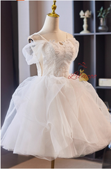 White Tulle Lace Pleats Short Wedding Dress