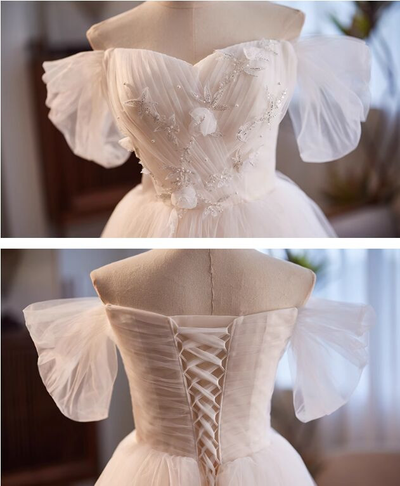 White Tulle Flower Pleats Wedding Dress