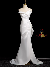 White Mermaid Satin Pleats Wedding Dress
