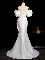 White Mermaid Satin Pleats Wedding Dress
