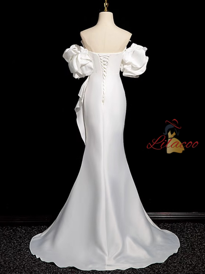 White Mermaid Satin Pleats Wedding Dress