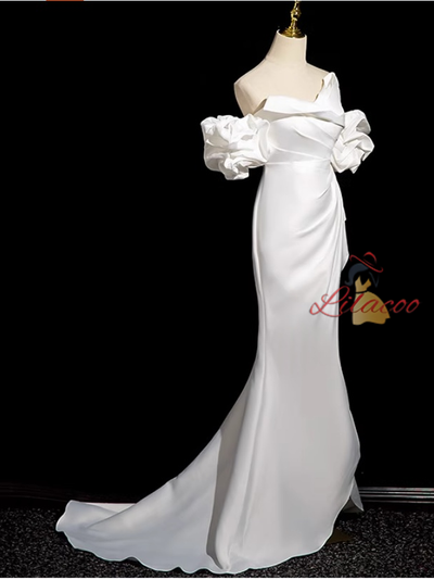 White Mermaid Satin Pleats Wedding Dress