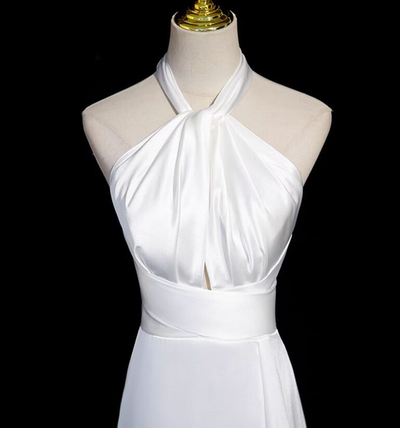 White Satin Halter Pleats Split Wedding Dress