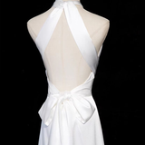 White Satin Halter Pleats Split Wedding Dress