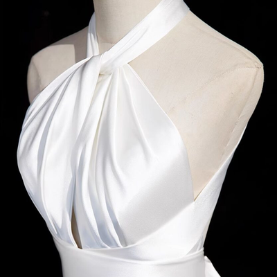 White Satin Halter Pleats Split Wedding Dress