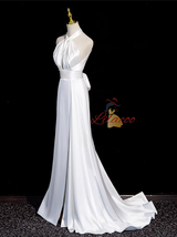 White Satin Halter Pleats Split Wedding Dress