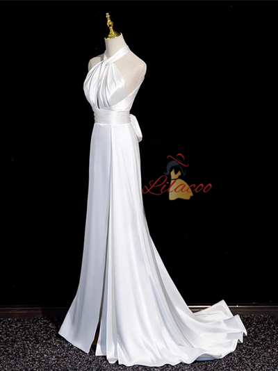 White Satin Halter Pleats Split Wedding Dress