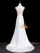 White Satin Halter Pleats Split Wedding Dress