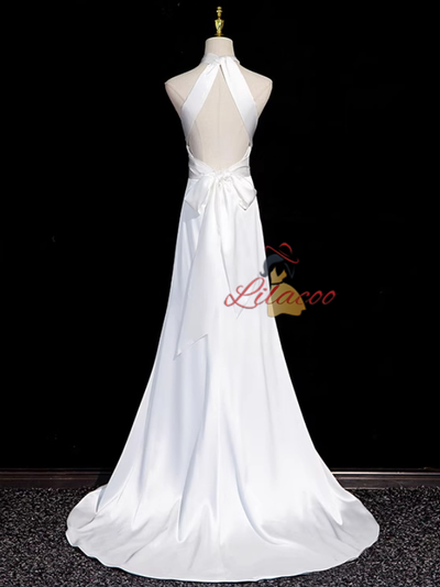 White Satin Halter Pleats Split Wedding Dress