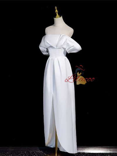 White Satin Off the Shoulder Split Wedding Dress