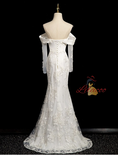 Sexy White Mermaid Lace Wedding Dress With Detachable Sleeve