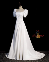 White Satin Short Sleeve Pleats Wedding Dress
