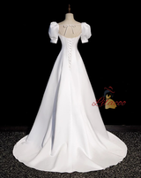 White Satin Short Sleeve Pleats Wedding Dress