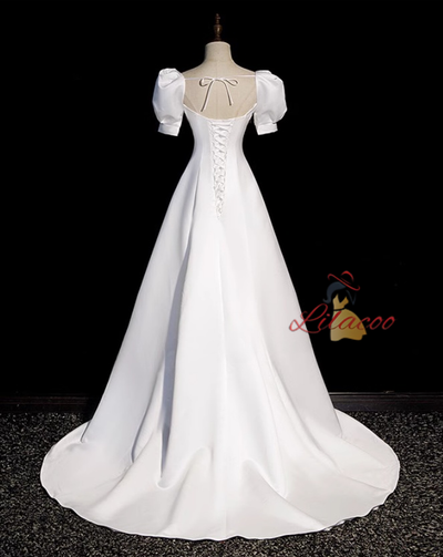White Satin Short Sleeve Pleats Wedding Dress