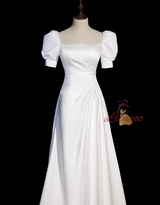 White Satin Short Sleeve Pleats Wedding Dress