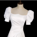 White Satin Short Sleeve Pleats Wedding Dress