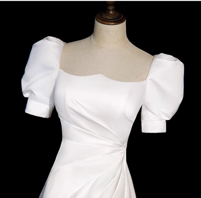 White Satin Short Sleeve Pleats Wedding Dress