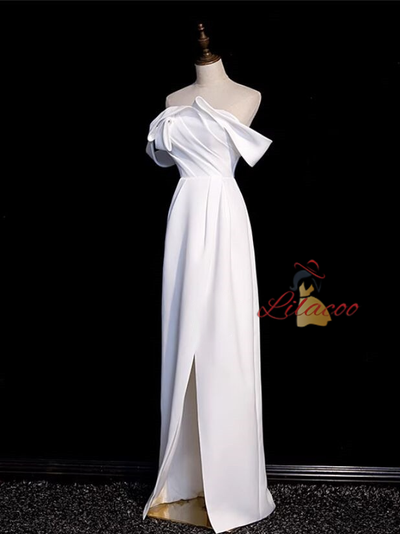 White Satin Pleats Split Wedding Dress