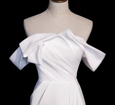 White Satin Pleats Split Wedding Dress