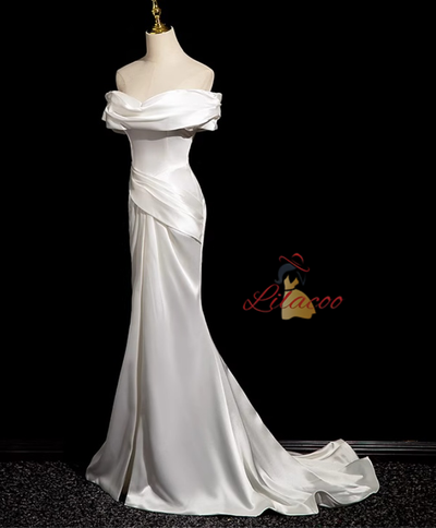 White Mermaid Satin Pleats Split Wedding Dress