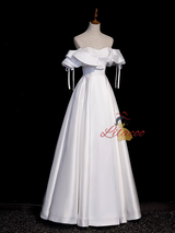 White Satin Off the Shoulder Beading Prom Dress