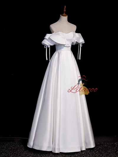 White Satin Off the Shoulder Beading Prom Dress