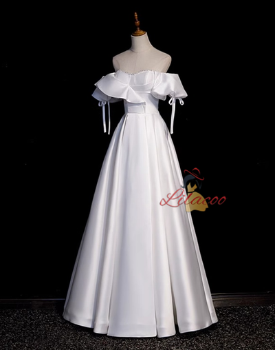 White Satin Off the Shoulder Beading Prom Dress