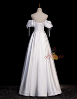 White Satin Off the Shoulder Beading Prom Dress