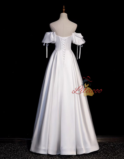 White Satin Off the Shoulder Beading Prom Dress