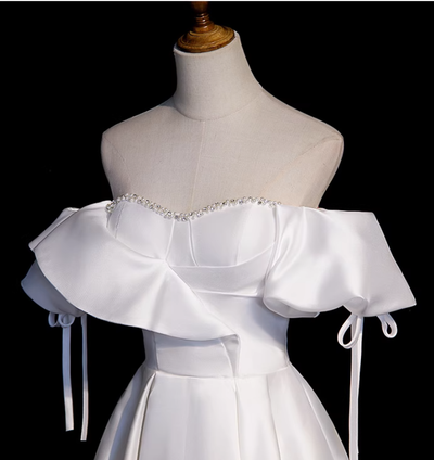 White Satin Off the Shoulder Beading Prom Dress