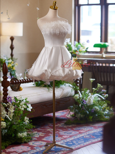 White Satin Strapless Feather Wedding Dress