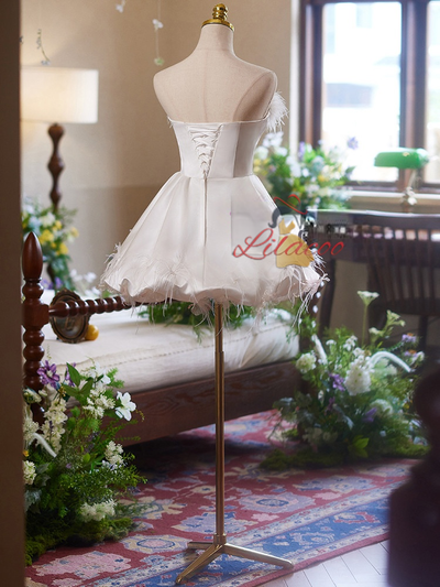 White Satin Strapless Feather Wedding Dress