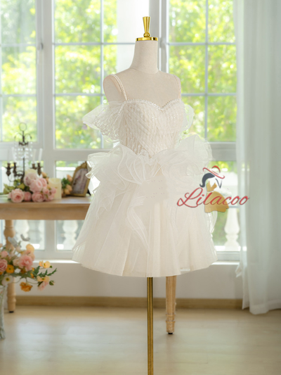 White Tulle Sequins Pleats Homecoming Dress