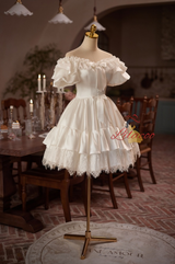 White Satin Lace Short Sleeve Wedding Dress