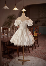 White Satin Lace Short Sleeve Wedding Dress
