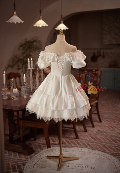 White Satin Lace Short Sleeve Wedding Dress