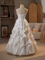 White Satin Lace Strapless Flower Wedding Dress