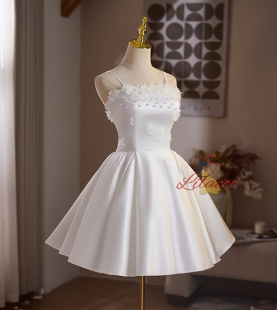 White Satin Straps Flower Pearls Wedding Dress