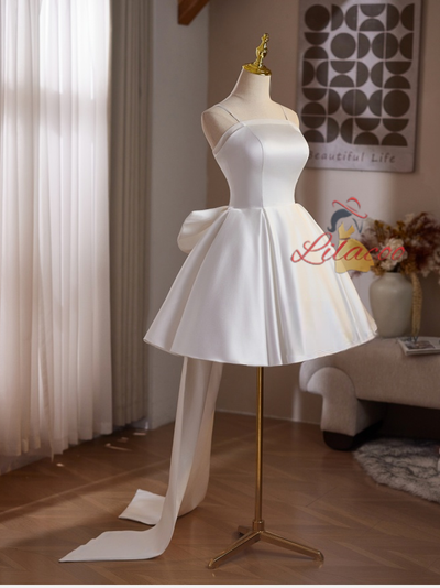White Satin Spaghetti Straps Wedding Dress