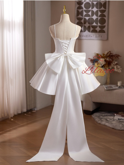 White Satin Spaghetti Straps Wedding Dress