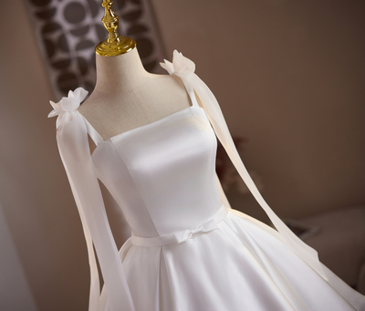 White Satin Straps Wedding Dress