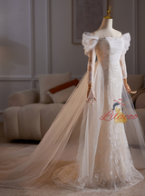 White Mermaid Tulle Lace Pleats Wedding Dress