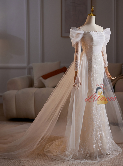 White Mermaid Tulle Lace Pleats Wedding Dress