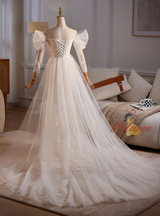 White Mermaid Tulle Lace Pleats Wedding Dress